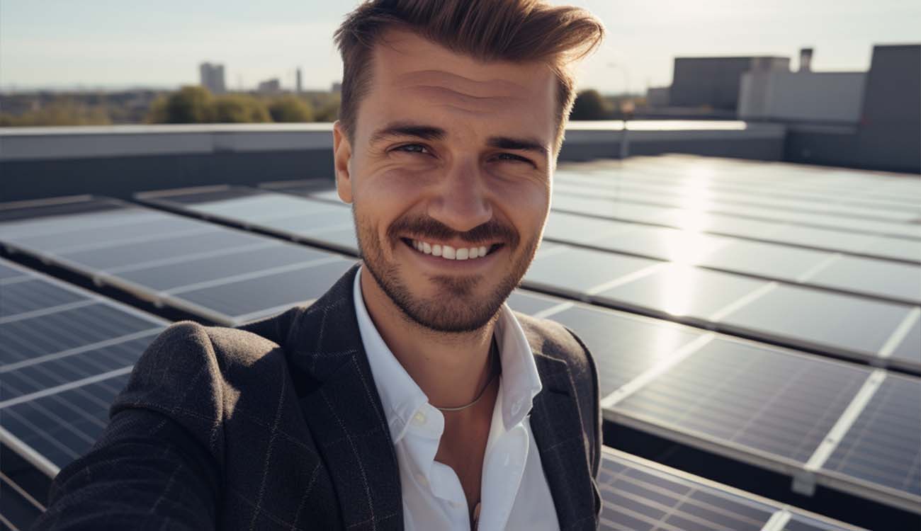 Oliver, der Vertriebler von RedWolf, macht ein Selfie vor den Solarpanelen auf dem Dach.